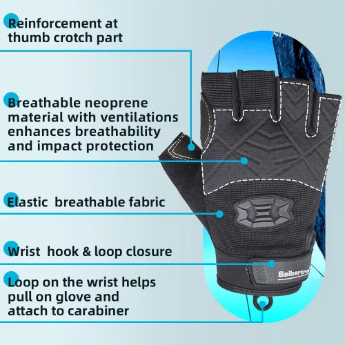 Vista 4 de Seibertron Guantes de palma acolchada con dedos completos o semi-dedos, ligeros y transpirables para escaladores, escalada en roca, rescate