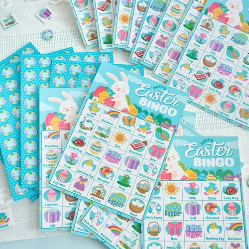 Vista 5 de JOYIN Tarjeta de bingo de Pascua para 28 jugadores (5 x 5) con color azul para niños, niñas y adultos, juegos de Pascua, actividades escolares