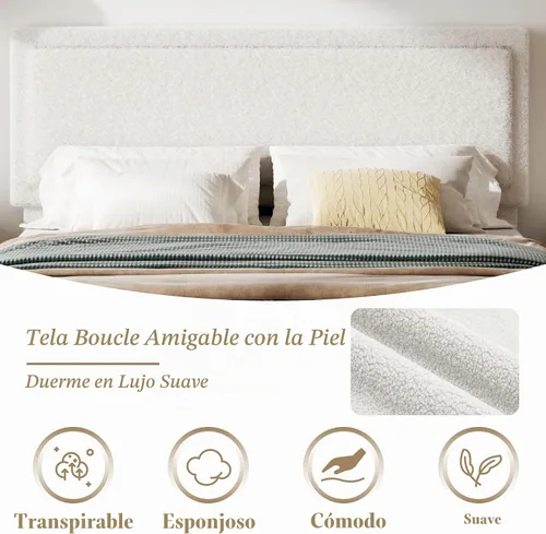 Vista 5 de Base de cama tamaño Queen, plataforma Boucle con cabecera tapizada ajustable, no necesita somier, fácil montaje, color blanco