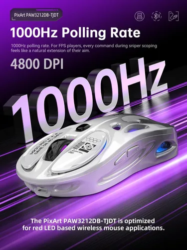 Vista 5 de Ratón inalámbrico para juegos, triple modo 2.4G/USB-C/Bluetooth, 800-4800 DPI, ratón óptico ergonómico, RGB y 6 botones programables, 2.29 oz