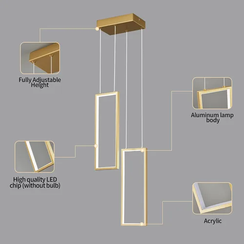 Vista 7 de Accesorio de Lámpara Colgante Moderna para Cocina Dorada 18W LED Lámpara Colgante 2 Anillos Candelabro Rectangular Iluminación Colgante para Isla