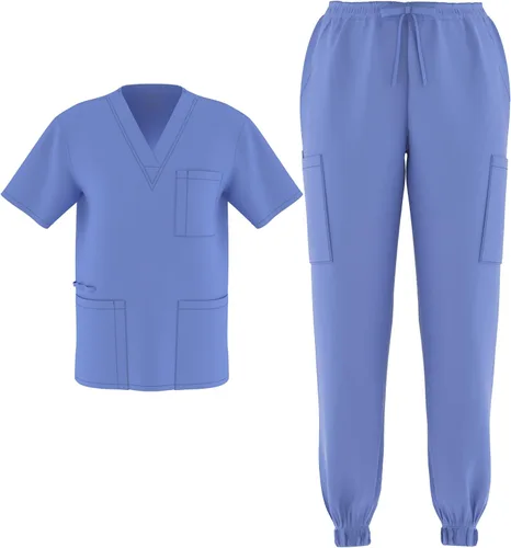 Vista 7 de Conjunto de 2 piezas unisex para hombre y mujer, para enfermería, elástico, flexible, con cuello en V Negro