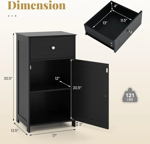 Vista 3 de Giantex Armario de almacenamiento de baño de piso, gabinete independiente con cajón, puerta, estante ajustable, dispositivo antivuelco, organizador