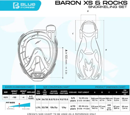 Vista 5 de Cressi Kit de snorkel junior para niños de 6 a 12 años - Máscara facial completa + aletas ajustables + equipo ligero colorido - Baron Jr & Rocks