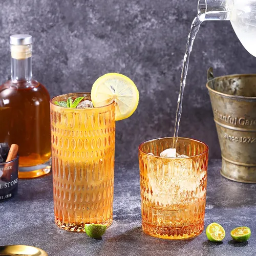 Vista 4 de Loivttvv Glassware - Juego de 8 vasos altos de 14 onzas y vasos de vidrio acanalado de 10 onzas, cristalería vintage para agua, jugo, cóctel