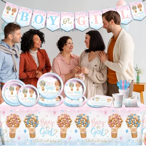 Vista 4 de Baby Bear - Vajilla de revelación de género, 122 piezas, platos y servilletas, tazas, mantel de oso para niños o niñas, suministros de fiesta