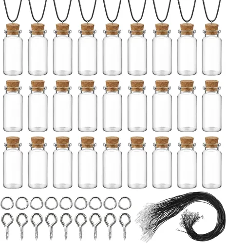 Vista 2 de Sawysine Juego de 50 mini botellas de vidrio de 0.3 fl oz con collar de corcho, frasco pequeño de botella de deseos, cordón encerado, tornillos