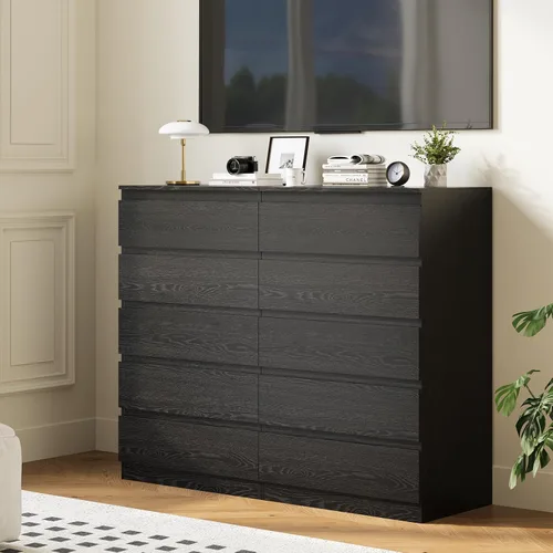 Vista 7 de Cómoda de madera negra para dormitorio, 5 cajones para almacenamiento de ropa, cómoda moderna con cajones anchos, cómoda de madera amplia para sala
