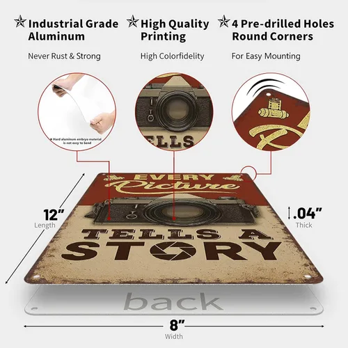 Vista 2 de Póster vintage de metal inspirador para pared, diseño con texto en inglés "Every Picture Tells A Story", letrero de metal para cámara vintage