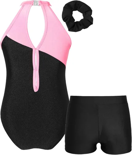 Vista 2 de ranrann Trajes de ballet brillantes para niñas y niñas, leotardo de gimnasia sin mangas con pantalones cortos y banda para el cabello
