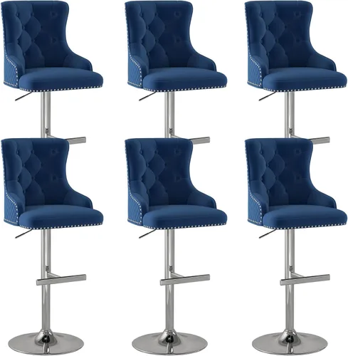 Vista 36 de Juego de 2 taburetes de bar de terciopelo, altura ajustable, base de metal dorado, beige Diseño de cabeza de clavo, función giratoria, ideal