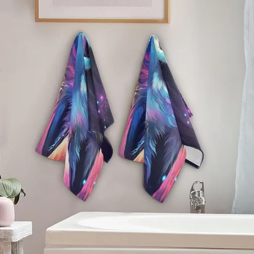 Vista 4 de Juego de 2 toallas de baño de color morado, remolques de mano de lobo, toallas de baño, toallas suaves y absorbentes para baño, cocina, gimnasio