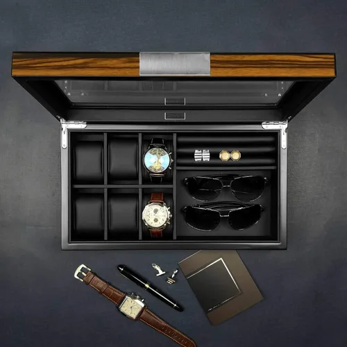 Vista 5 de Lifomenz Co Caja de joyería de reloj para hombre con 6 ranuras, 6 fundas de reloj, 8 pares de gemelos y lentes de sol, organizador grande de madera