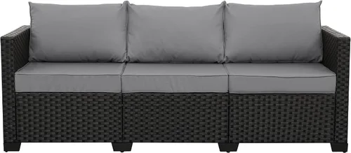 Vista 10 de Rattan Star Muebles de exterior, sofá de 3 plazas, sofá de mimbre marrón para exteriores, asiento profundo, respaldo alto, sofá de patio con cojines