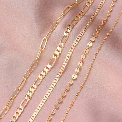 Vista 5 de Delicada pulsera de cadena de oro en capas para mujer, chapada en oro de 14 quilates, hecha a mano, ajustable, cuentas de satélite, ovaladas