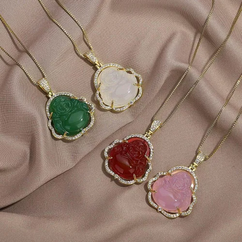 Vista 5 de Collar con dije de Buda de jade verde, collar deslumbrante con piedras de circonia cúbica y Buda que se ríe