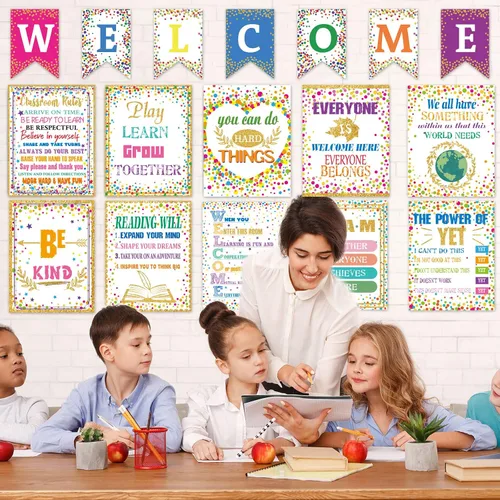 Vista 6 de Pósteres motivacionales de confeti, juego de 17 piezas, letreros de decoración de bienvenida, mentalidad de crecimiento, reglas de aula de escuela