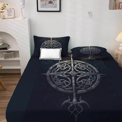 Vista 2 de Viking Sábanas tamaño individual, sábanas tribales, sábanas y fundas de almohada estampadas de 3 piezas, sábana bajera ajustable de microfibra suave