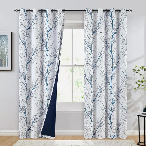 Vista 11 de FMFUNCTEX Cortinas 100% opacas para dormitorio, cortinas de ramas de árbol blanco y negro de 54 pulgadas de largo para sala de estar, cortinas