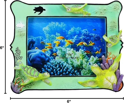 Vista 9 de Marco de fotos decorativo de resina de tortuga marina de 6 x 8 pulgadas para mesa. Decoración del hogar con diseño de tortuga marina del océano.