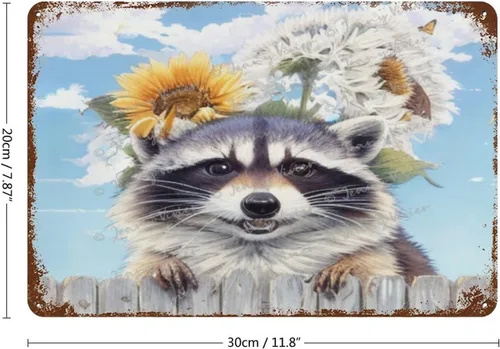 Vista 2 de Zomyto Cartel de metal con imágenes de mapache para pared, lindo mapache con girasol, letreros de lata novedosos para habitación de niños, póster