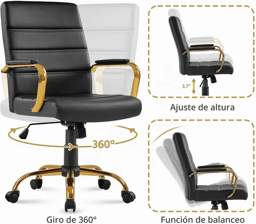 Vista 8 de Topeakmart - Silla de escritorio de oficina con brazos, respaldo medio, color negro y dorado, piel sintética