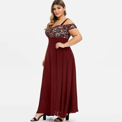 Vista 4 de Aniywn Vestido largo de gasa con hombros descubiertos para mujer, vestido largo de encaje floral y encaje para fiesta, vestido de noche