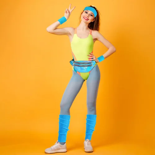 Vista 5 de ONUPGO Calentadores de piernas para mujer, accesorios de disfraces de los años 80, riñonera holográfica, calentadores de piernas de neón de punto