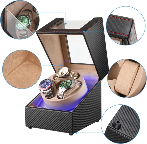 Vista 7 de Bobinador de relojes Anyasun para relojes automáticos, caja de bobinador de 3 relojes con pantalla LED, motor japonés ultra silencioso, 4 modos