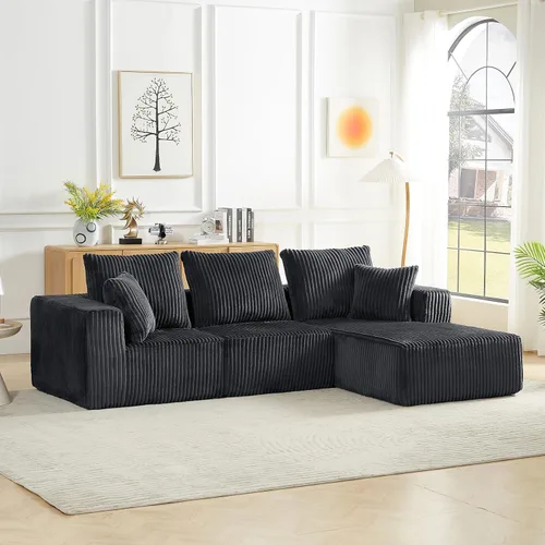 Vista 3 de Sofá modular modular de 4 plazas con asiento profundo, sofá tapizado de pana en forma de L, no requiere montaje para juegos de muebles de sala