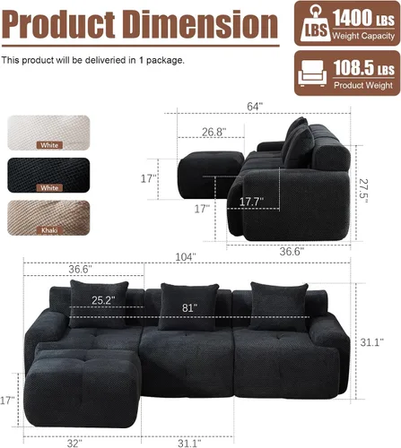 Vista 2 de Sofá modular modular de 104 pulgadas con otomana y 3 almohadas, sofá en forma de L sin hueso, relleno de material suave de celosía de piña con Negro
