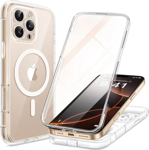 Vista 105 de BERFY Funda para iPhone 17 Pro Max, compatible con MagSafe, protector de pantalla de vidrio integrado, protección de cámara, funda de cuerpo