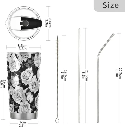 Vista 3 de Taza de acero inoxidable simple rosa en blanco y negro con tapa de pajilla, taza de café de viaje aislada para bebidas calientes y frías, taza