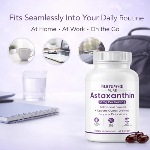 Vista 5 de NutraWell Astaxantina 12 mg, con aceite de coco, suplemento de apoyo antioxidante, sin OMG, sin gluten, 60 cápsulas blandas