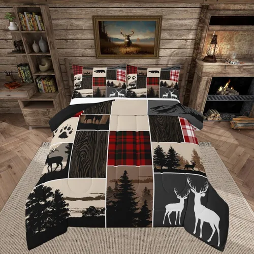 Vista 47 de Juego de edredón de cabaña rústica navideña, juego de ropa de cama estilo rústico con diseño de osos y ciervos, tamaño completo, patchwork Multi 08