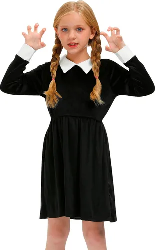 Vista 3 de BesserBay Vestido negro con cuello Peter Pan de terciopelo para niñas de Halloween 4-12 años