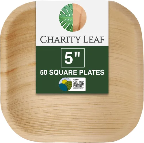 Vista 9 de Platos cuadrados desechables de 10 cm de Charity Leaf con forma de hoja de palma (50 piezas) Bandejas de servir tipo bambú, tablas desechables