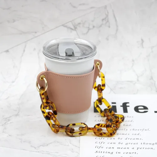 Vista 10 de Soporte de cuero de lujo para bebidas con mango de bebidas, soporte reutilizable para tazas de café de viaje, soporte de taza de cadena de metal