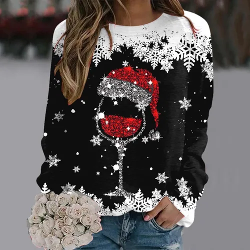 Vista 2 de Rvidbe Suéter feo de Navidad para mujer, estampado de copa de vino tinto, casual, cuello redondo, manga larga, sudaderas