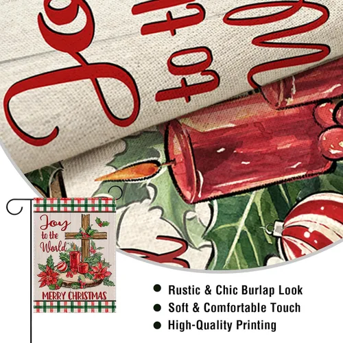Vista 3 de Artofy Bandera de jardín decorativa pequeña cristiana de Feliz Navidad, cruz religiosa, flor de pascua, decoración exterior de césped, vela