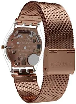 Vista 5 de Swatch SFP115M reloj en tono rosa piel con malla negra para mujer