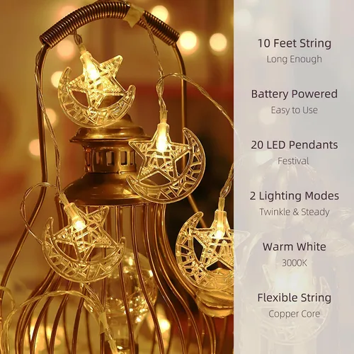Vista 2 de Guirnalda de luces de Ramadán, estrella, luna, 10 pies, 20 luces LED, funciona con pilas, con 2 modos de iluminación, decoración de Ramadán Kareem