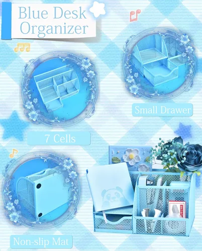 Vista 2 de 23 piezas de accesorios y organizadores de escritorio azules con organizador de malla, engrapadora, dispensador de cinta, calculadora y muchos
