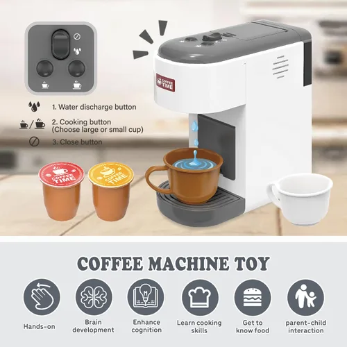 Vista 2 de Toys Barista Cafetera de juguete de cocina para niños con piezas móviles, accesorios de cocina, juego de café para niñas y niños, regalos