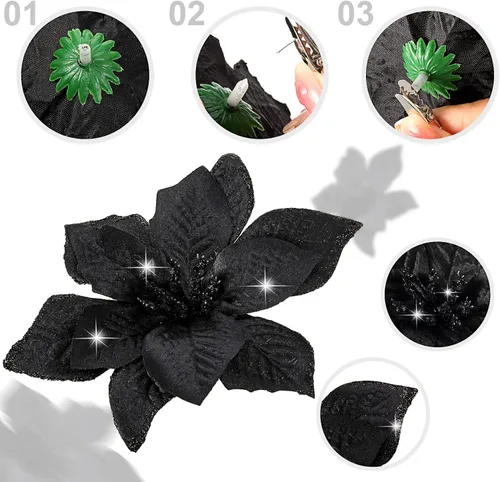 Vista 3 de WILLBOND 36 piezas de flores de Pascua navideñas de 3 tamaños para árbol de Navidad, flores falsas con purpurina, decoración, adornos de flor