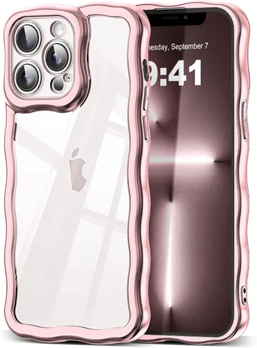 Vista 96 de SKYLMW Funda compatible con iPhone 12 Pro, diseño de ondas rizadas kawaii, borde chapado de lujo, elegante parte trasera transparente brillante, TPU
