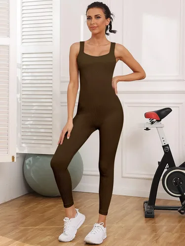 Vista 2 de AUTOMET Women's Yoga Ribbed One Piece Tank Tops Rompers Sleeveless Workout Bodysuits Exercise Jumpsuits