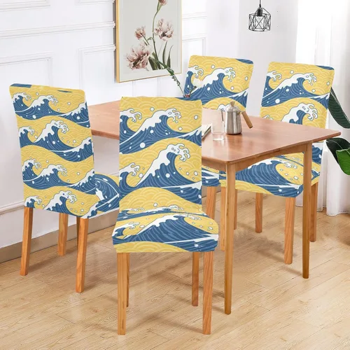 Vista 6 de Blue and Gold Japanese Waves Decorative Chair Slipcovers for Bedroom Washable Club Chair Cover protectores para sillas de comedor 4 Set of 4