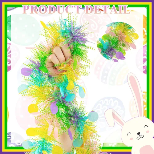 Vista 3 de Guirnalda de oropel de Pascua de 33 pies con diseño de huevo de Pascua metálico con confeti, guirnalda colgante de primavera, decoración para árbol