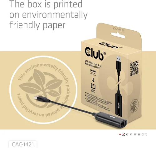 Vista 8 de Club 3D CAC-1421 USB 5Gbps Tipo-A a RJ45 Ethernet Adaptador M/F